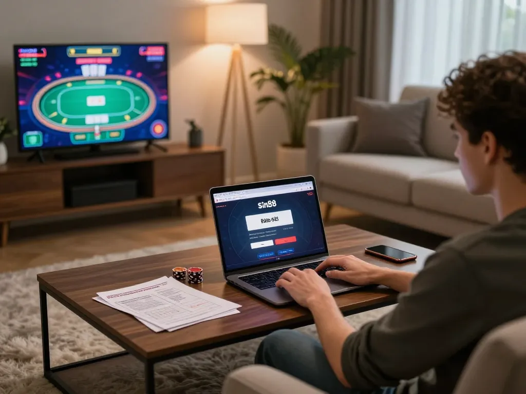 Player engaging with sin88 đăng nhập on laptop in cozy home setting, vibrant casino interface displayed.