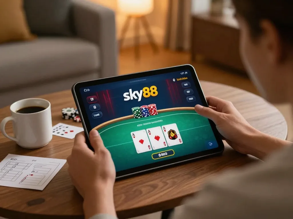 Engaging person playing poker on a tablet, highlighting the Sky88 link for an immersive gaming experience.