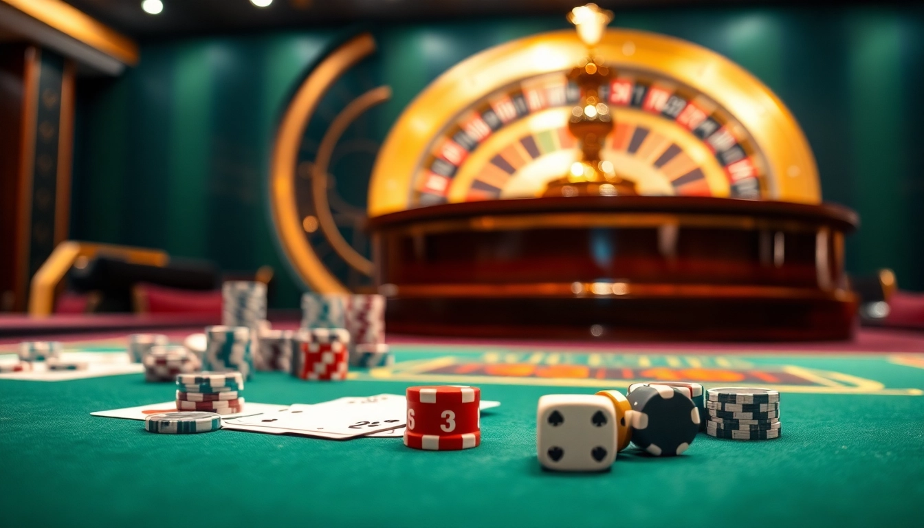 33win casino scene showcasing luxury with vibrant poker chips and an inviting roulette wheel.