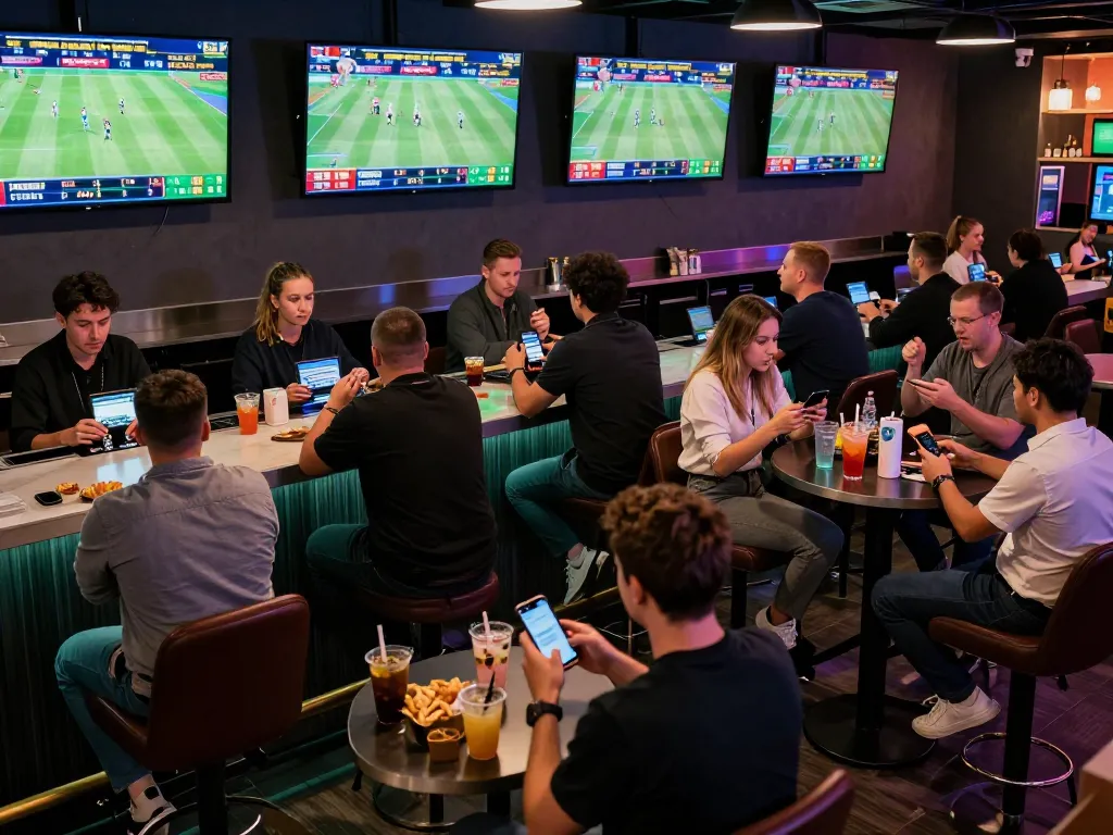 Exciting sports betting at Fun88's modern lounge with bettors cheering and analyzing live games.