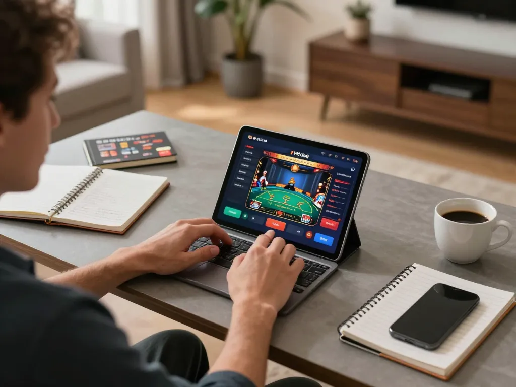 Hitclub app showing online casino gameplay in a cozy home office with player engaged in strategy.