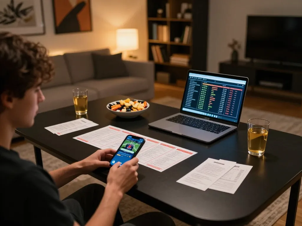 SBOBET sports betting action with smartphone and laptop in a modern home gaming setup
