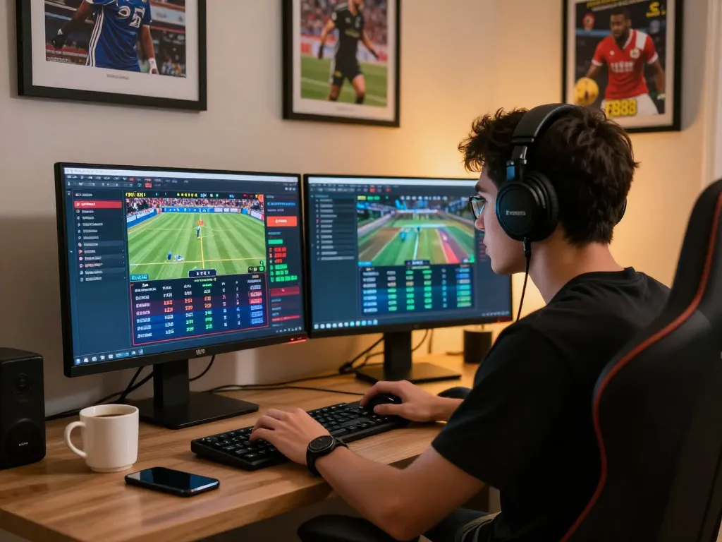 Engaging scene of a user exploring fb88 đăng nhập on multiple screens in a modern home office