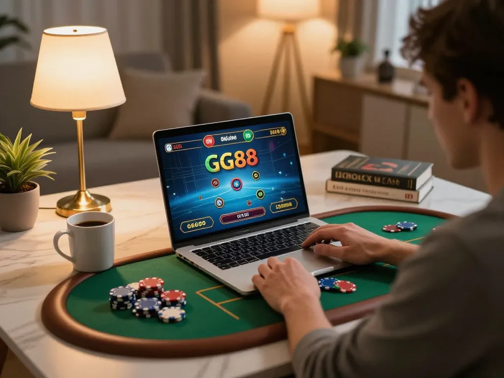 Engaging in GG88 online casino gameplay from a modern home setting with warm illumination.