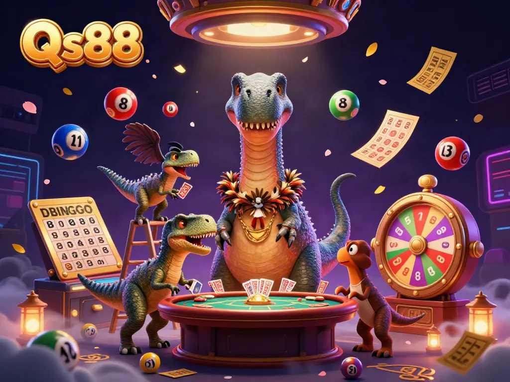 Experience the thrilling dynamics of Qs88 casino with a brontosaurus and raptor dealer amidst lottery and bingo game elements.