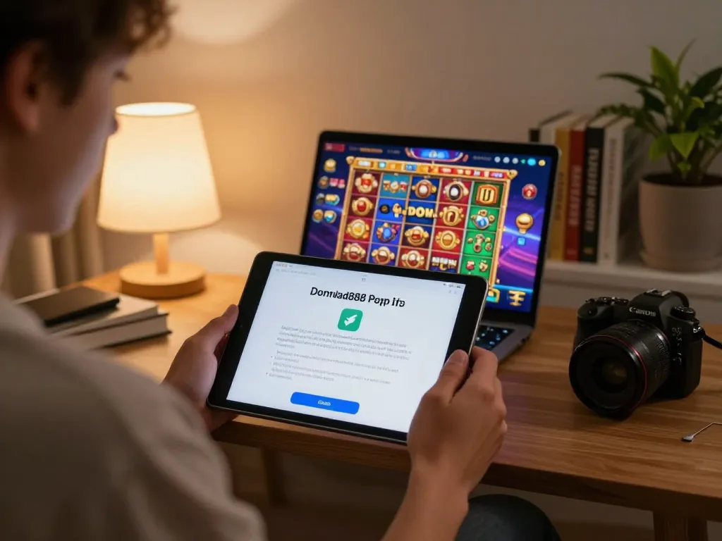 Mega888 original download iOS shown on tablet in a cozy home gaming setup