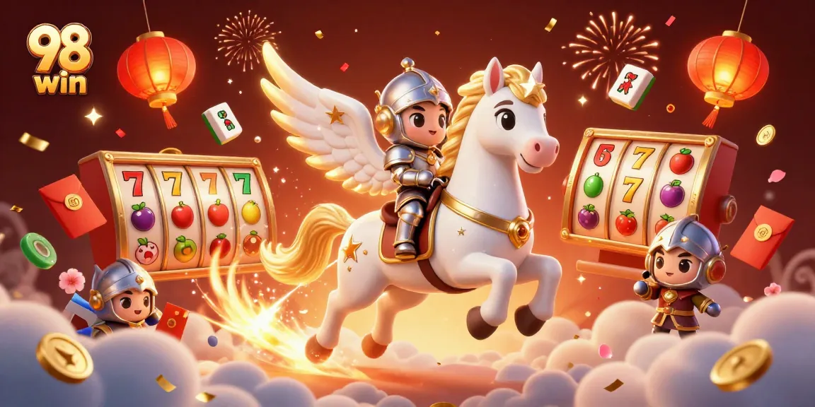 Win big at slot games with 98 win's engaging 3D casino scene filled with vibrant symbols.