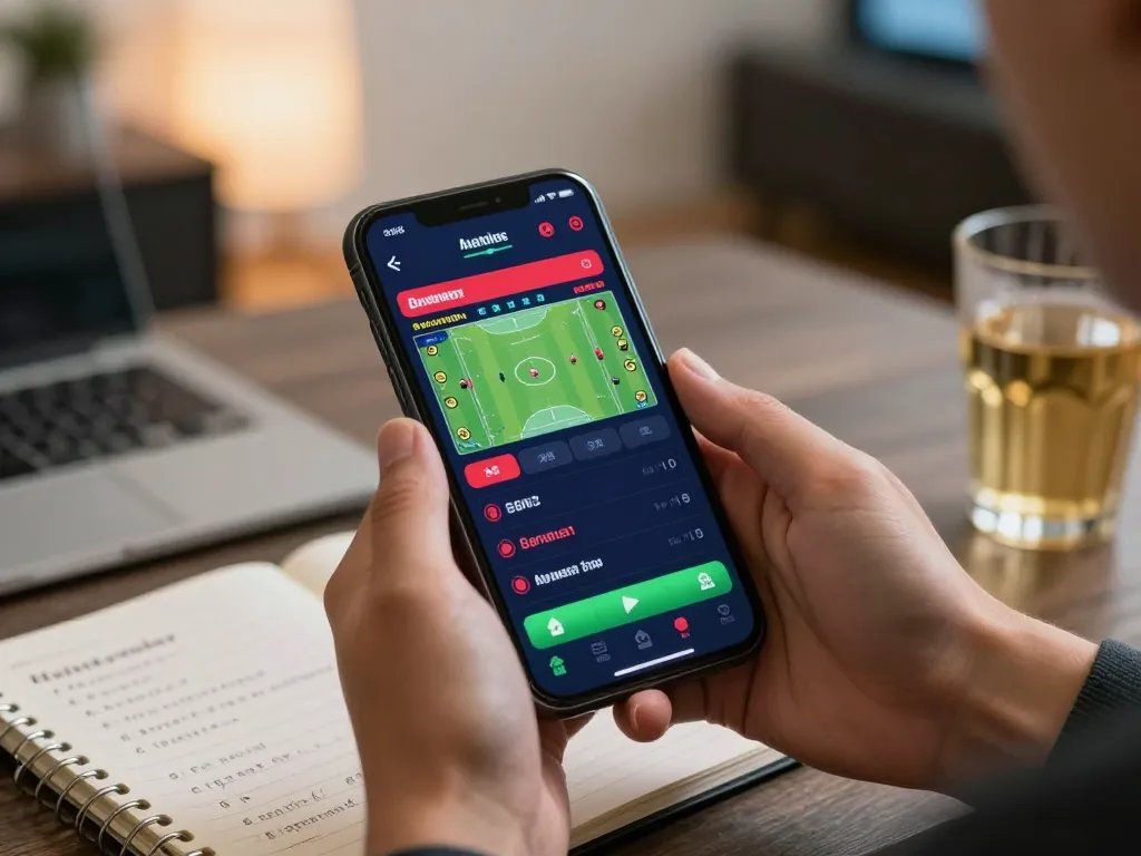 Good88 users engaging in mobile sports betting, displaying live match stats for strategic betting.