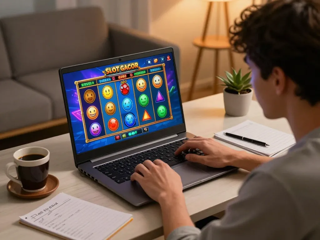Engaged player spinning Slot Gacor reels on a laptop during an online casino session, showcasing strategic gameplay and casual atmosphere.