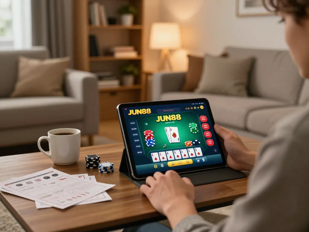 Engaging in online gaming with JUN88 app interface, capturing a cozy home atmosphere