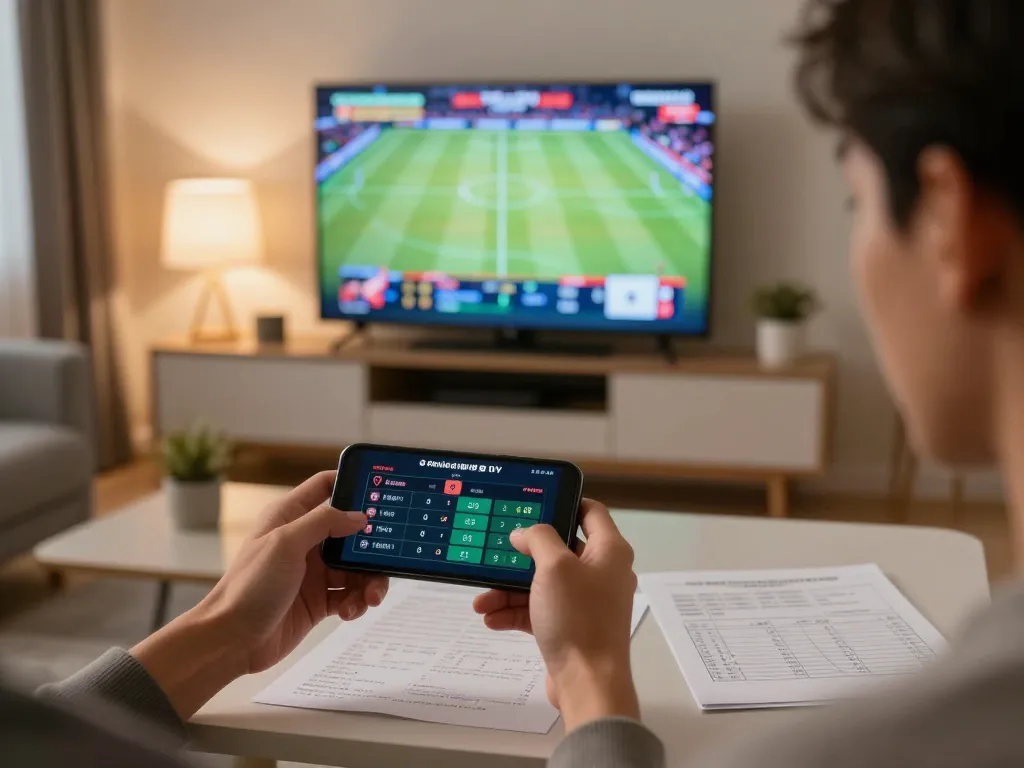 Experience nk88 online sports betting with smartphone in a cozy living room, tracking live game.