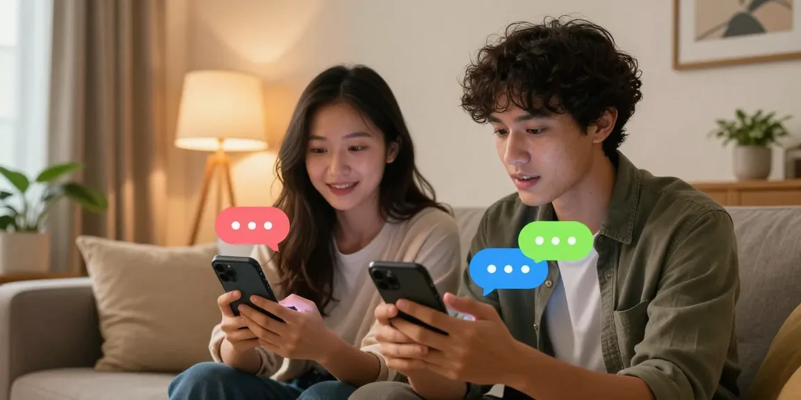 Couple enjoying intimate conversations using sex chat ai on their smartphones in a cozy living room.