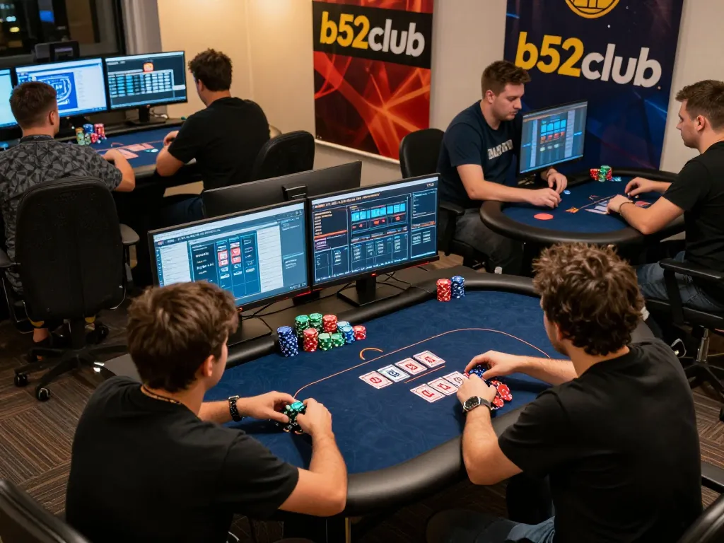 B52club players intensely engaged in an online poker tournament from their home setups.