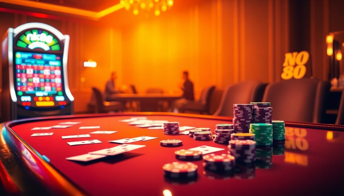 Players enjoying a thrilling game of poker with chips and cards at NK88 casino.