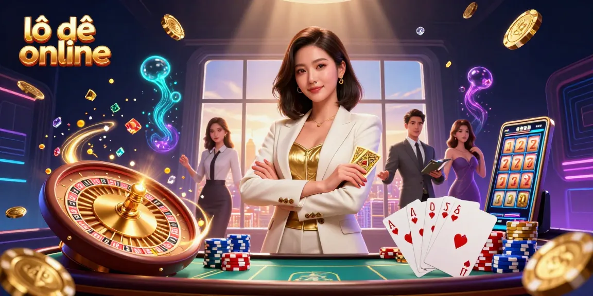 Experience thrilling lô đề online with an elegant character holding golden cards amidst dynamic casino elements.