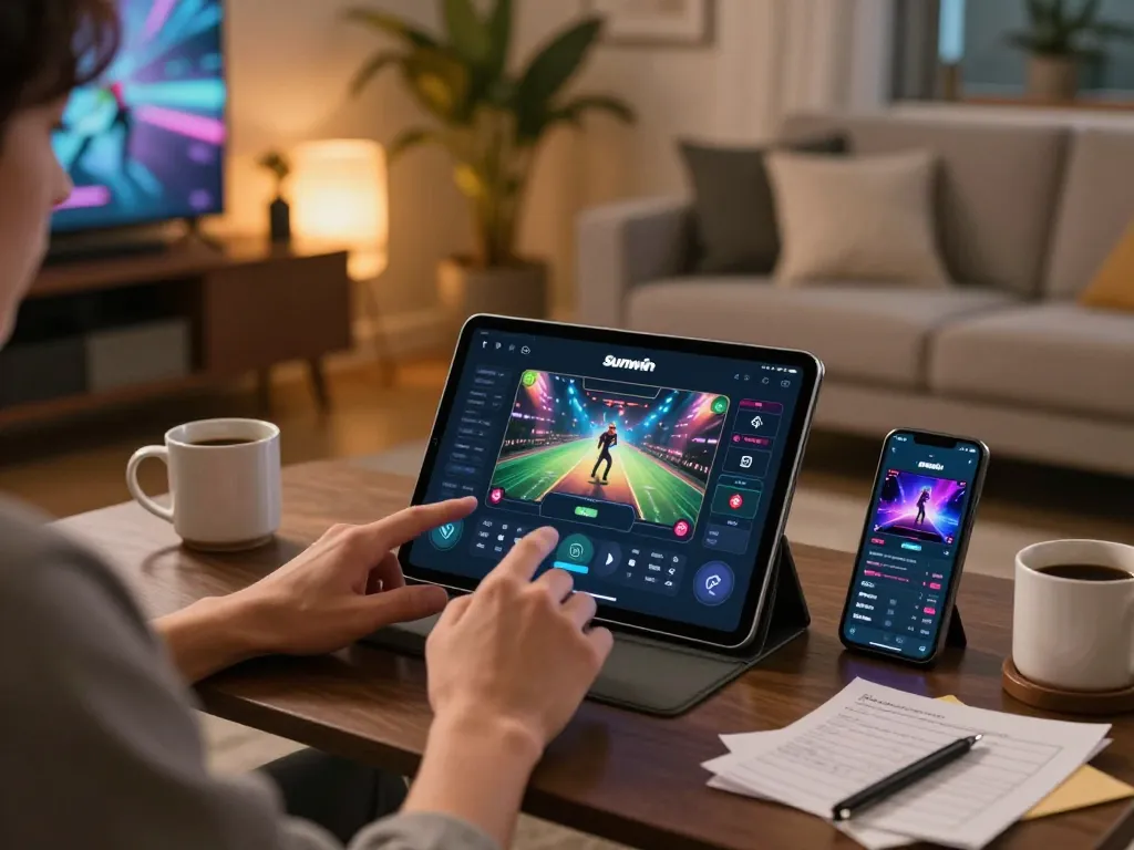 Player engages with the Sunwin app on a modern tablet, showcasing online gambling excitement