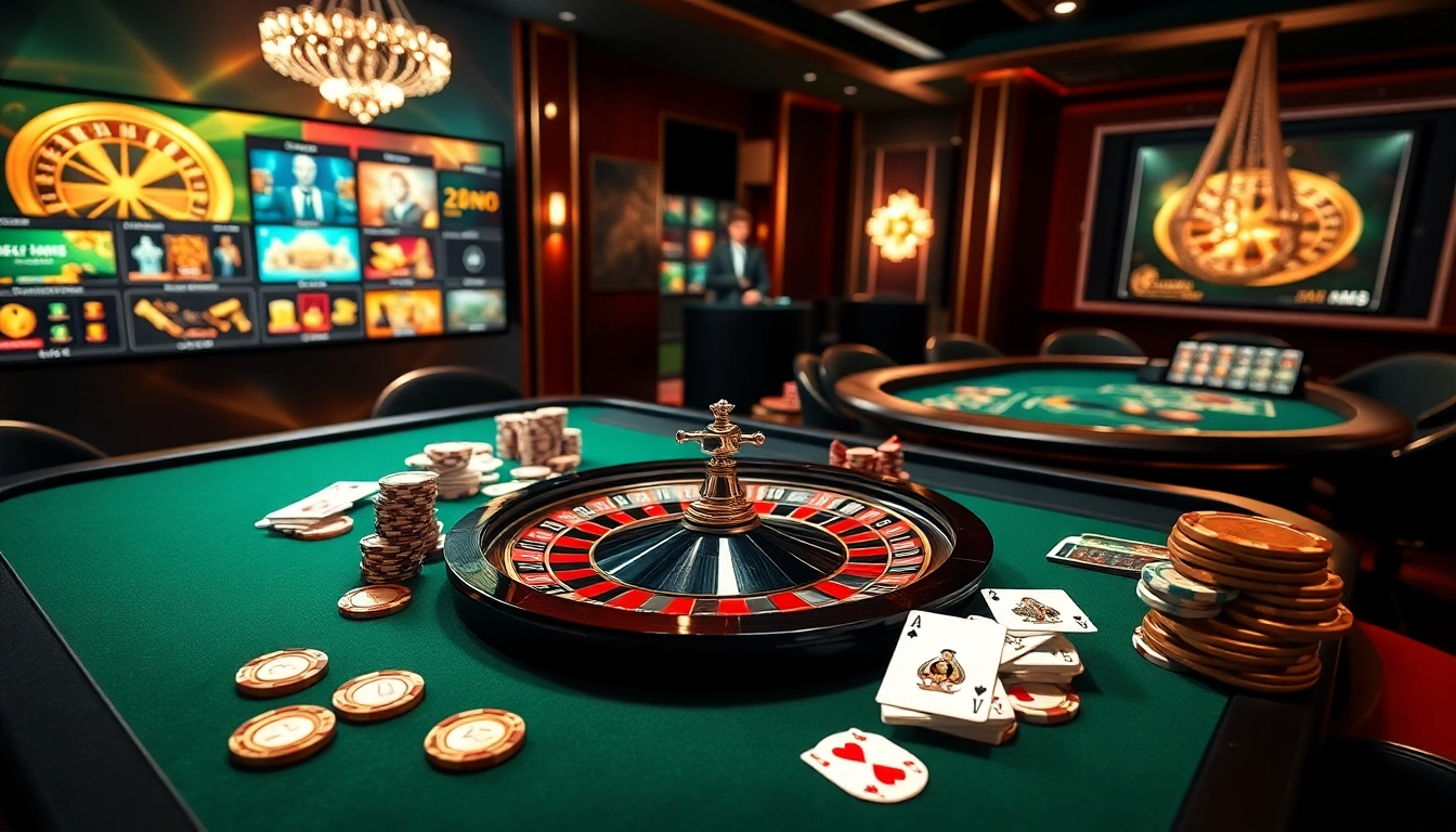 Engaging casino scene highlighting MM88 KJC with vibrant playing cards, poker chips, and a roulette wheel.