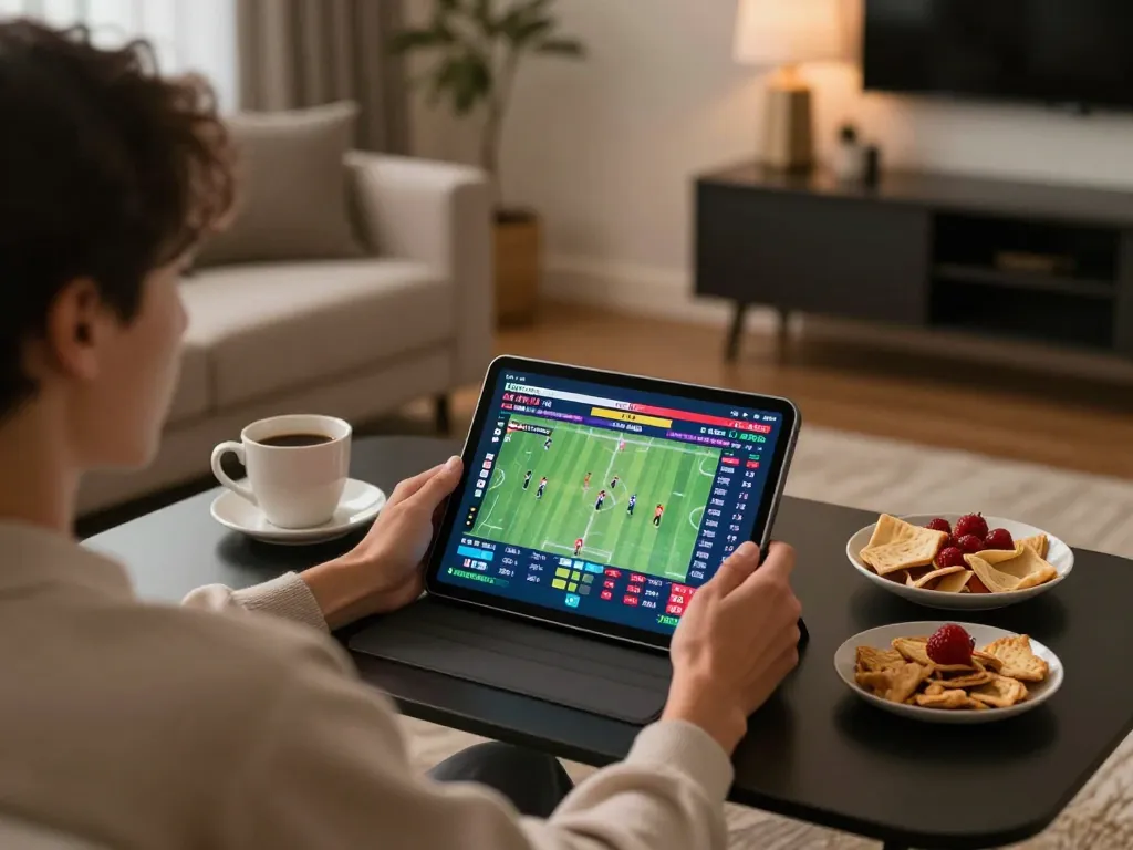 Person engaging with sports betting on 78wingo app in a cozy home setting