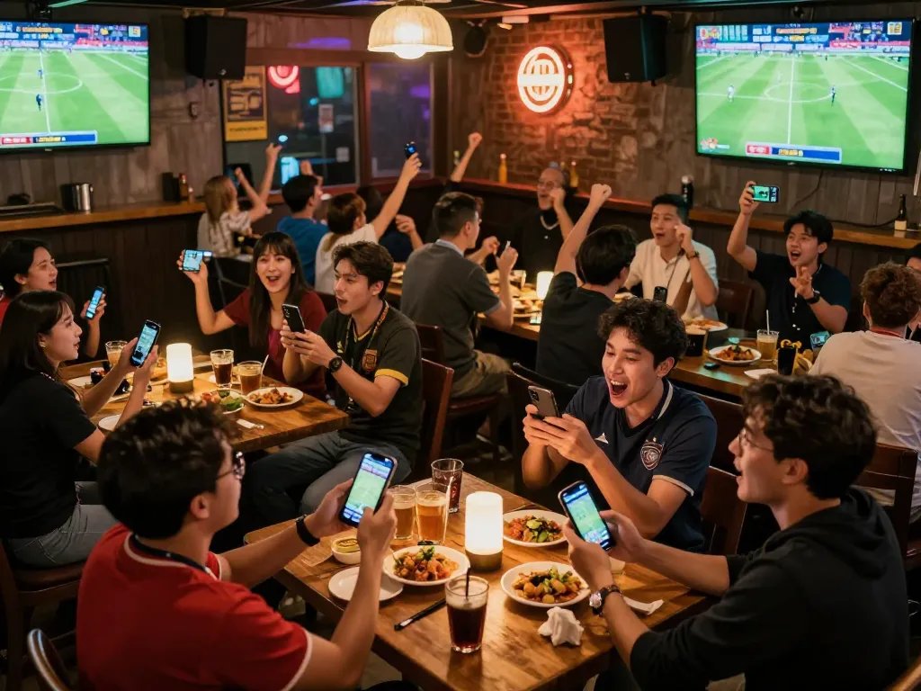 Fans celebrating while placing bets on Bongdalu during a live soccer match.