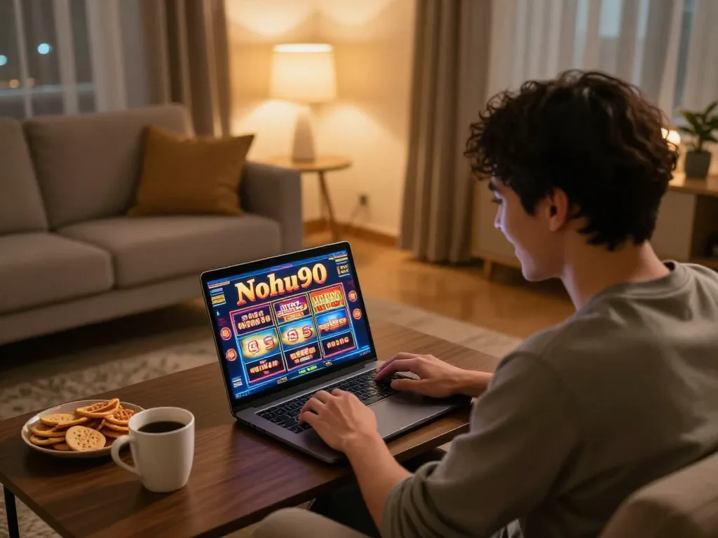 Nohu90 player enjoying slot games on a laptop in a cozy living room setting.