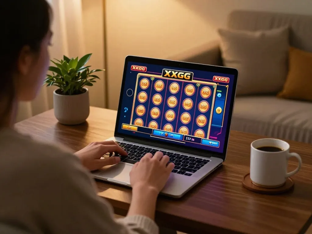 Player enjoying a colorful XXGG slot game on their laptop in a cozy home setting