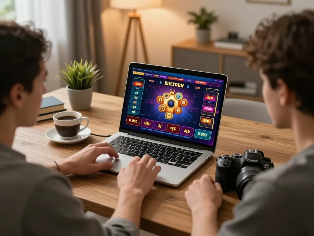 3 Win online casino gaming experience on a sleek laptop, cozy atmosphere with coffee cup.