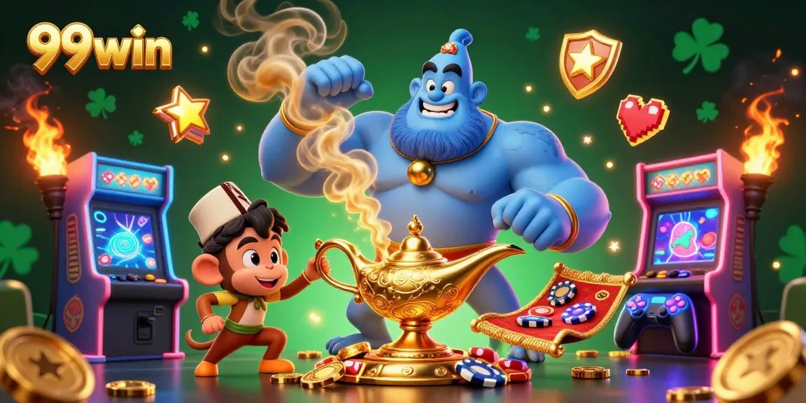 Engage with 99win's exciting gaming experience featuring a vibrant 3D genie bursting with cash.