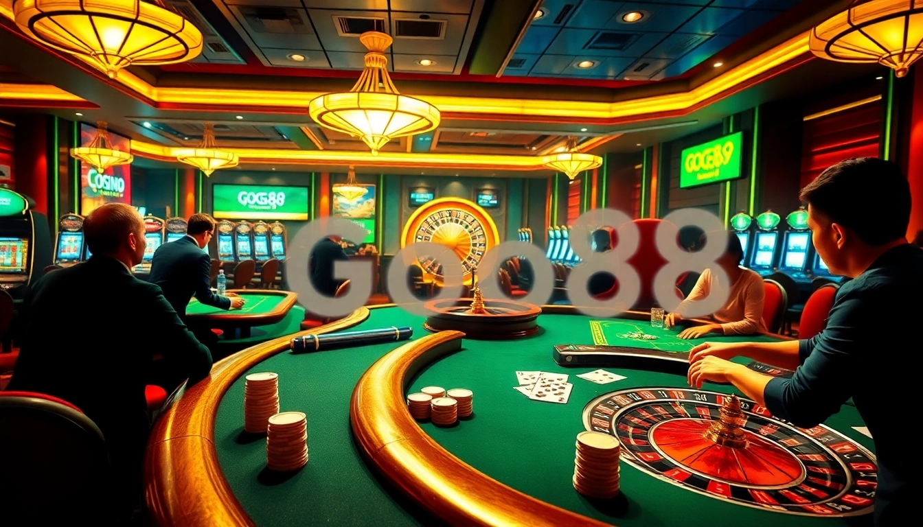 Engage in the exciting gaming action of Good88 at a vibrant casino with poker tables and slot machines.