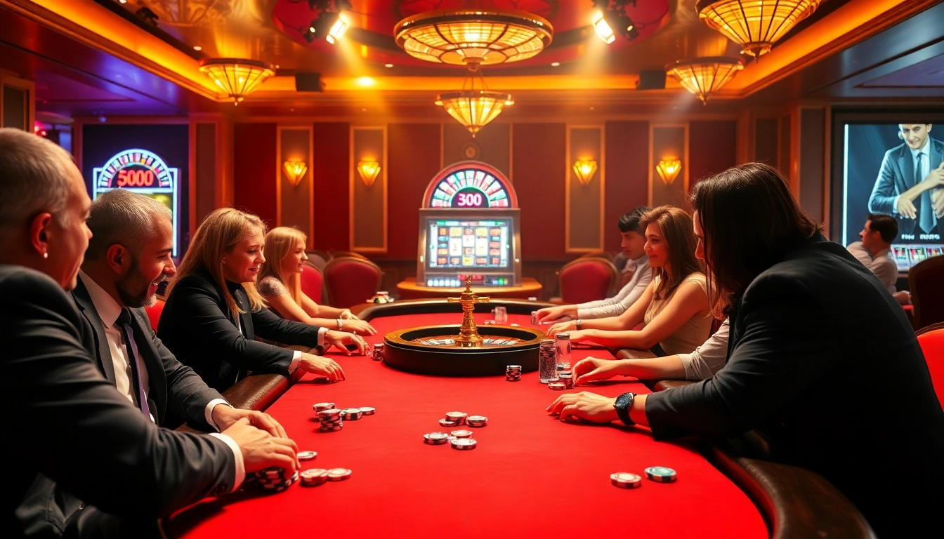 Nohu90 players enjoying high-stakes poker at a vibrant casino table with roulette wheel and slots.