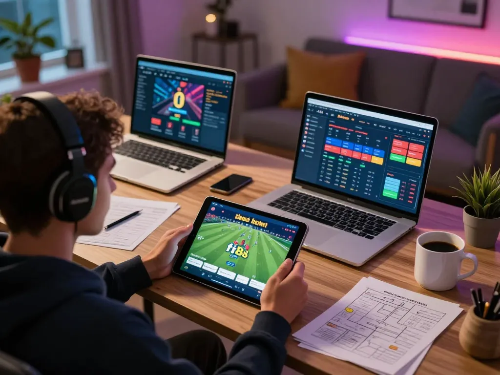 Player engaging with fb88 betting app while enjoying a cozy home gaming setup