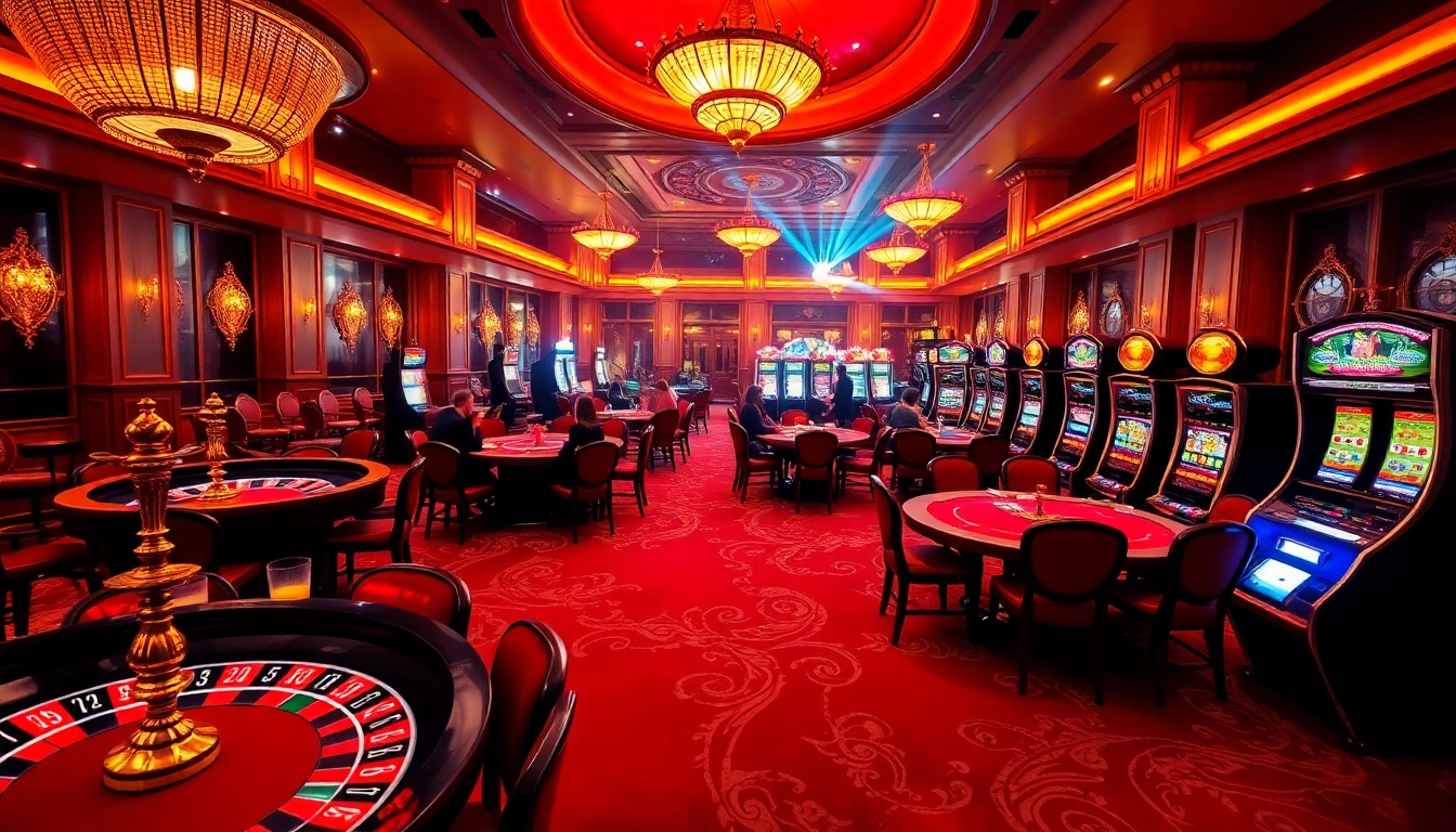 SumClub offers a thrilling gambling experience at an elegant casino hall with poker tables and slot machines.