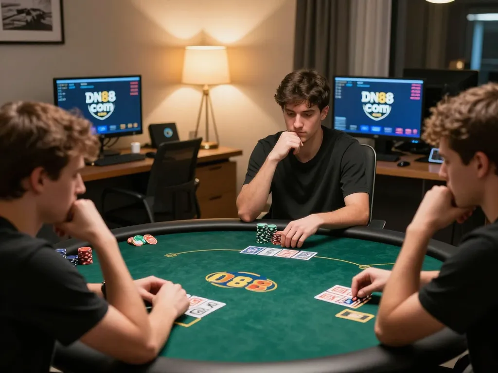 Players strategizing in a lively online poker game on DN88 com, showcasing intense gameplay and strategic bets.