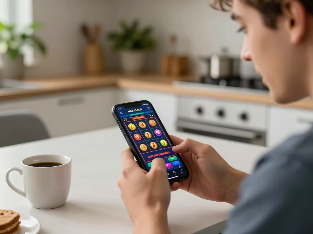 Player enjoying mobile gaming on Fly88 app, showcasing vibrant slot reel action in cozy home setting.