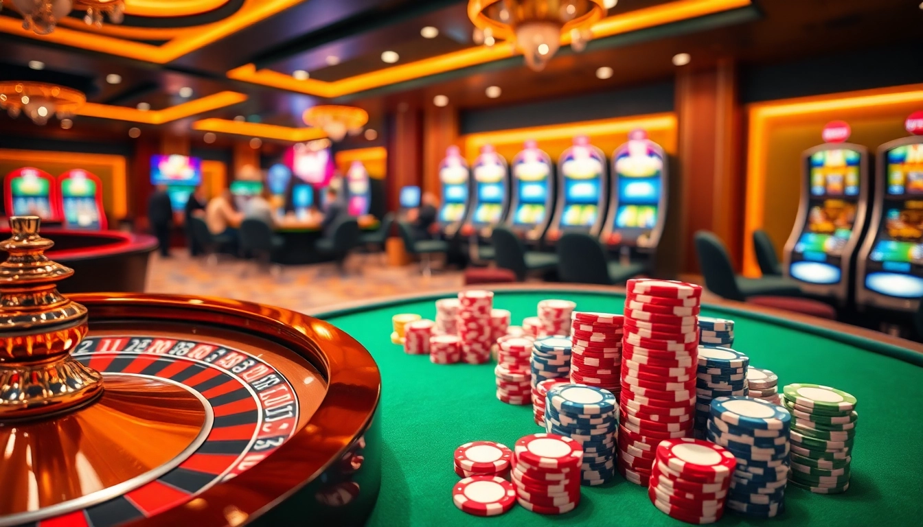 Players enjoying various games at UU88 casino with a vibrant roulette wheel and colorful slot machines.