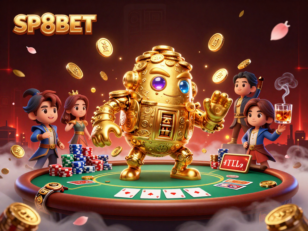 Engage in thrilling gameplay with SP8BET featuring a golden golem and poker festivities.