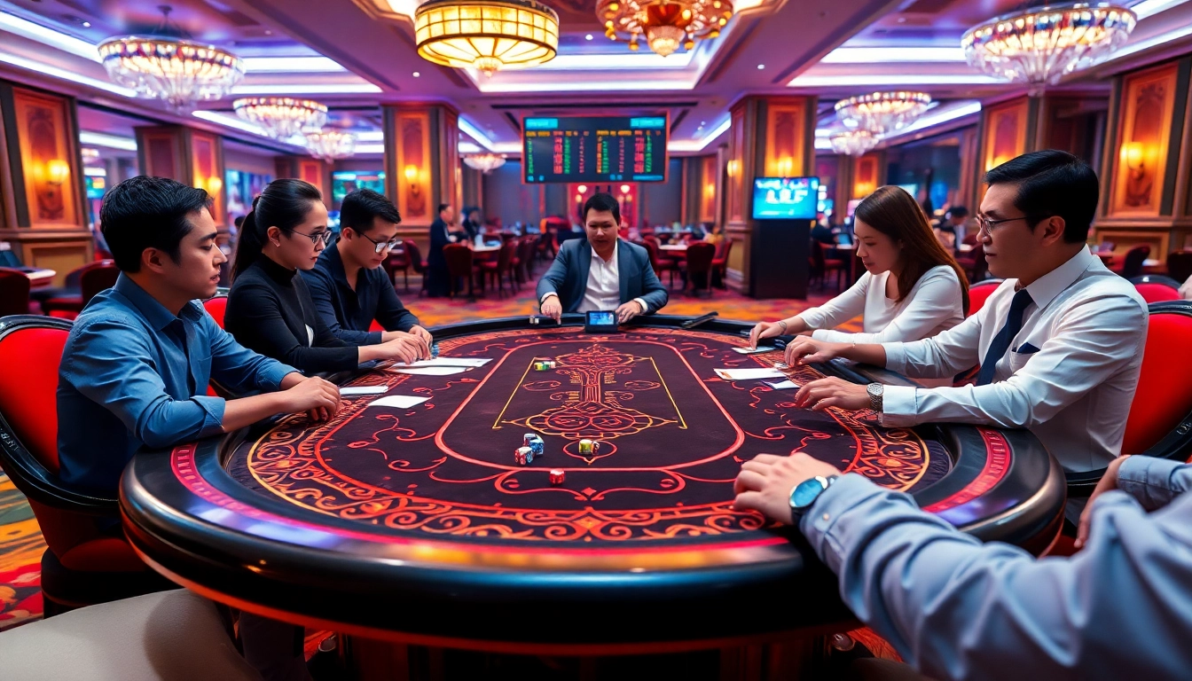 A Tài xỉu MD5 game scene featuring an elegant table and engaged players, emphasizing a thrilling online gambling experience.