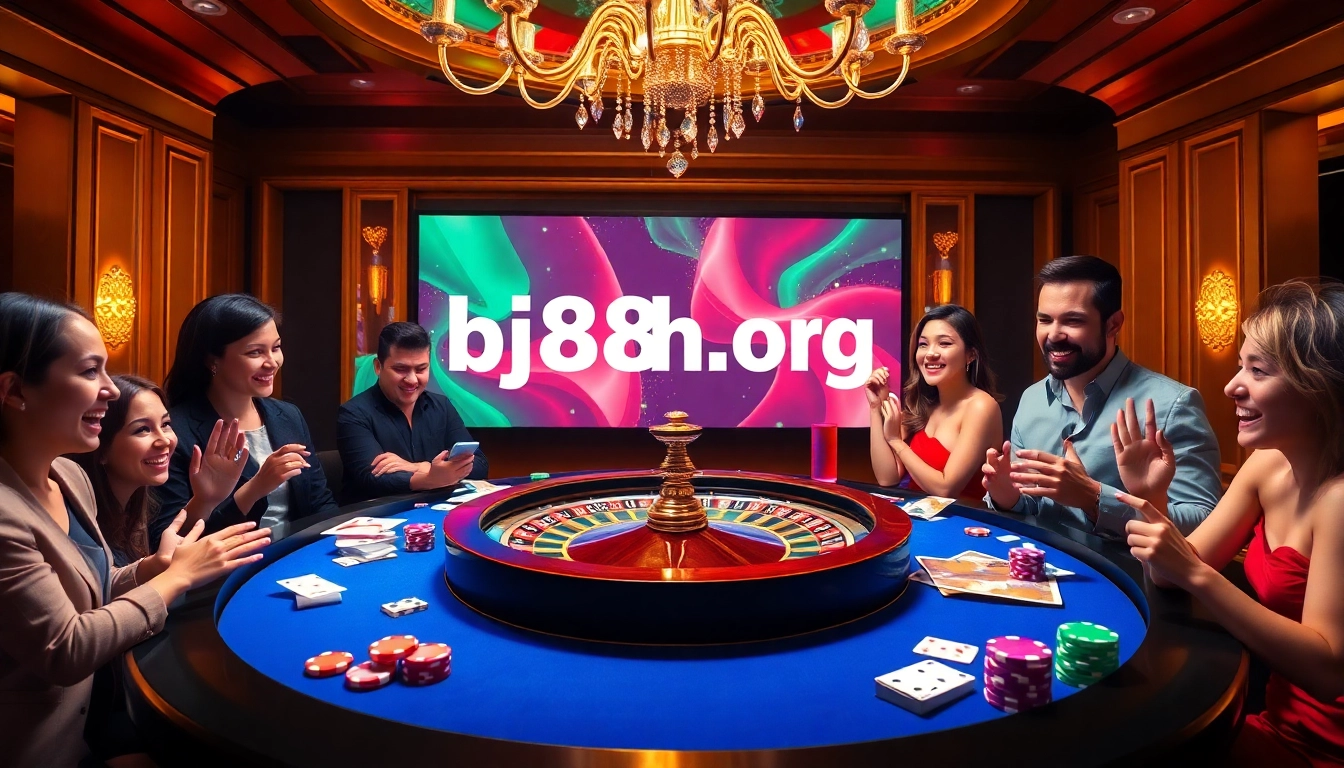 Play exciting casino games at https://bj88h.org/ with a vibrant roulette table and engaged players.