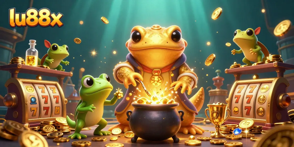 Celebrate wins with lu88x in this dynamic online casino scene filled with slot reels and treasures.