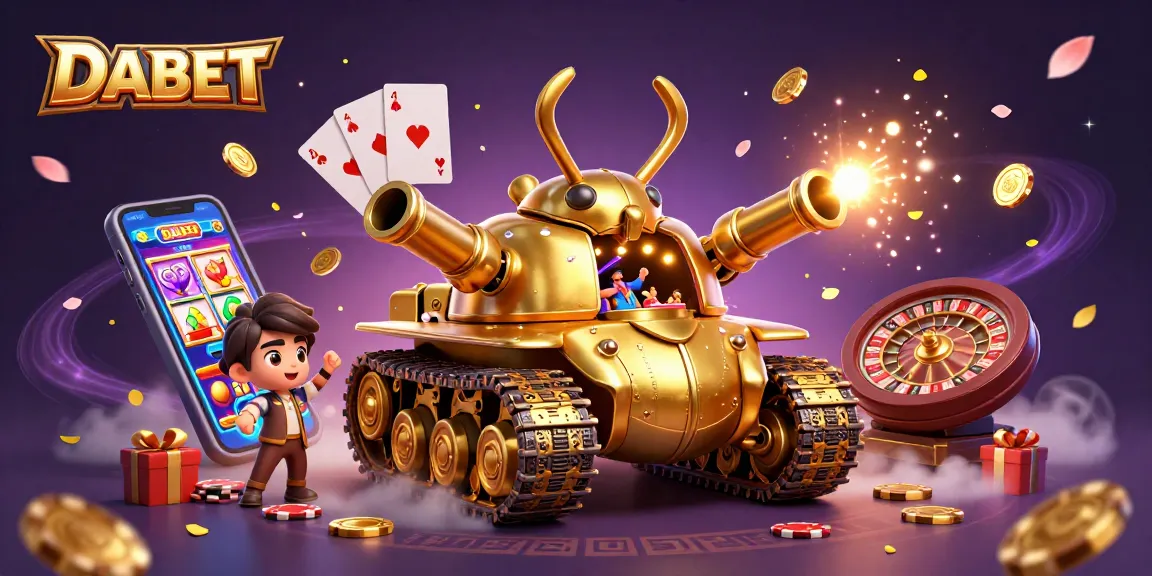 DABET promotes excitement and winning with a dynamic casino scene featuring a massive golden beetle tank and vibrant game elements.
