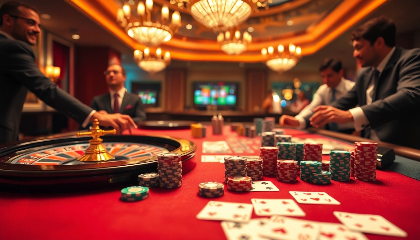 Betting enthusiasts playing thrilling games at https://32wingroup.com/ casino with vibrant chips and cards.