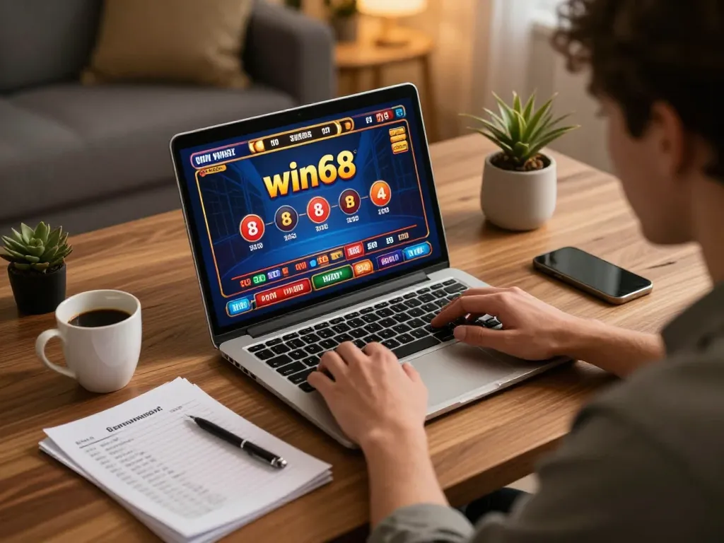 Engaging scene of a player using win68 platform at home with gaming setup and notes