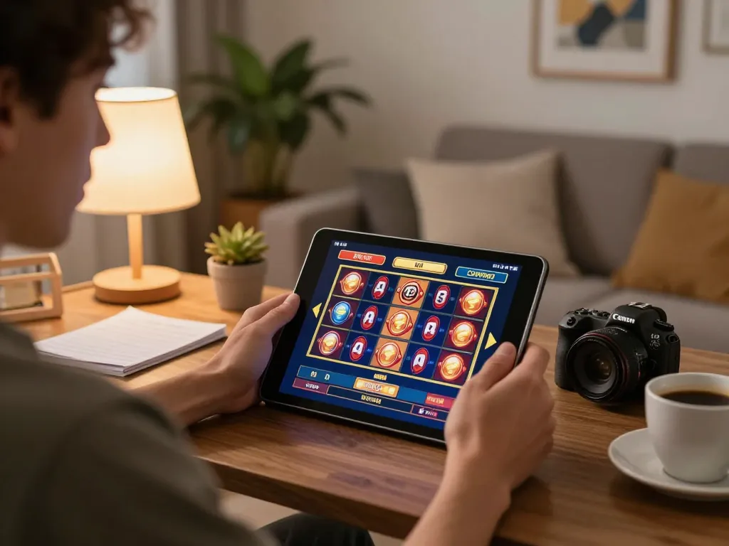 Player engaging with jun88 slot games on a tablet in a cozy living room atmosphere.
