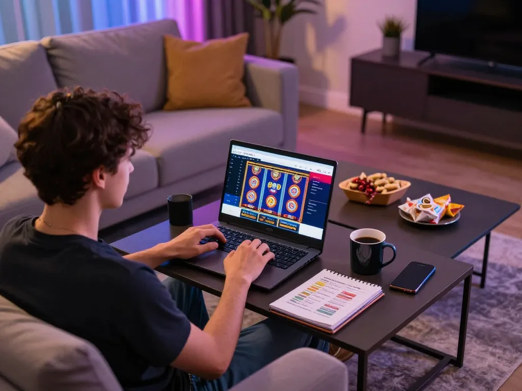 Experience the excitement of playing fabet slot games from a cozy home setup with strategic gaming notes.