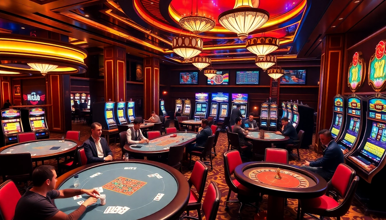 Hitclub players engaged in high-stakes poker and slot machines in a vibrant casino scene.