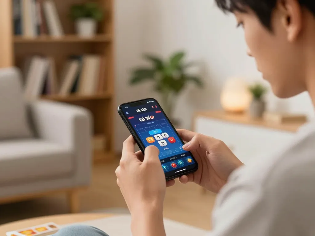 Playing app tài xỉu online on smartphone in a cozy living room environment enhances the gaming experience