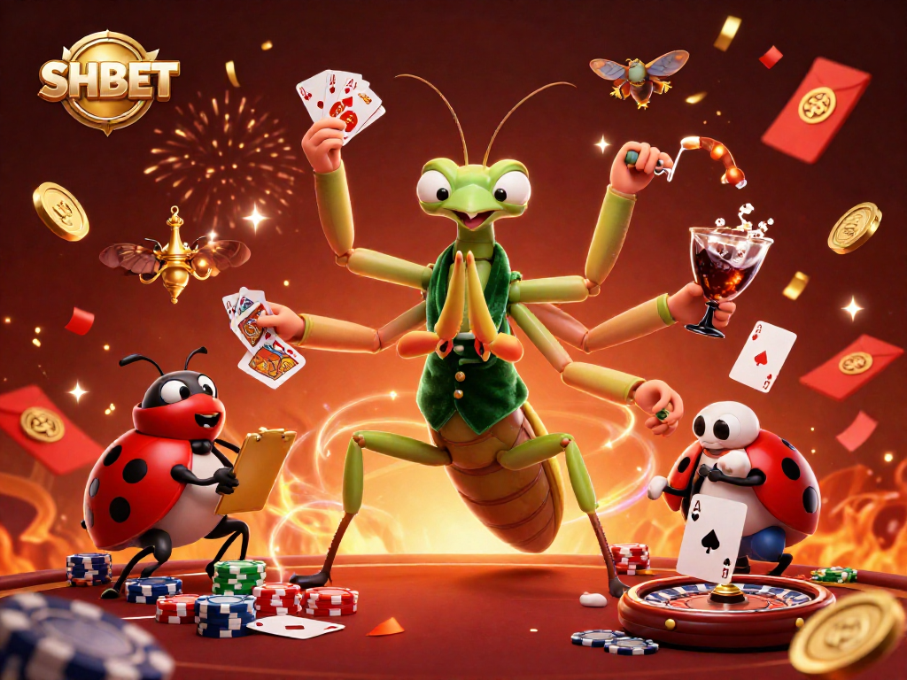 Engage with SHBET's thrilling casino experience featuring dynamic characters dealing cards, shuffling chips, and celebrating with lucky symbols.