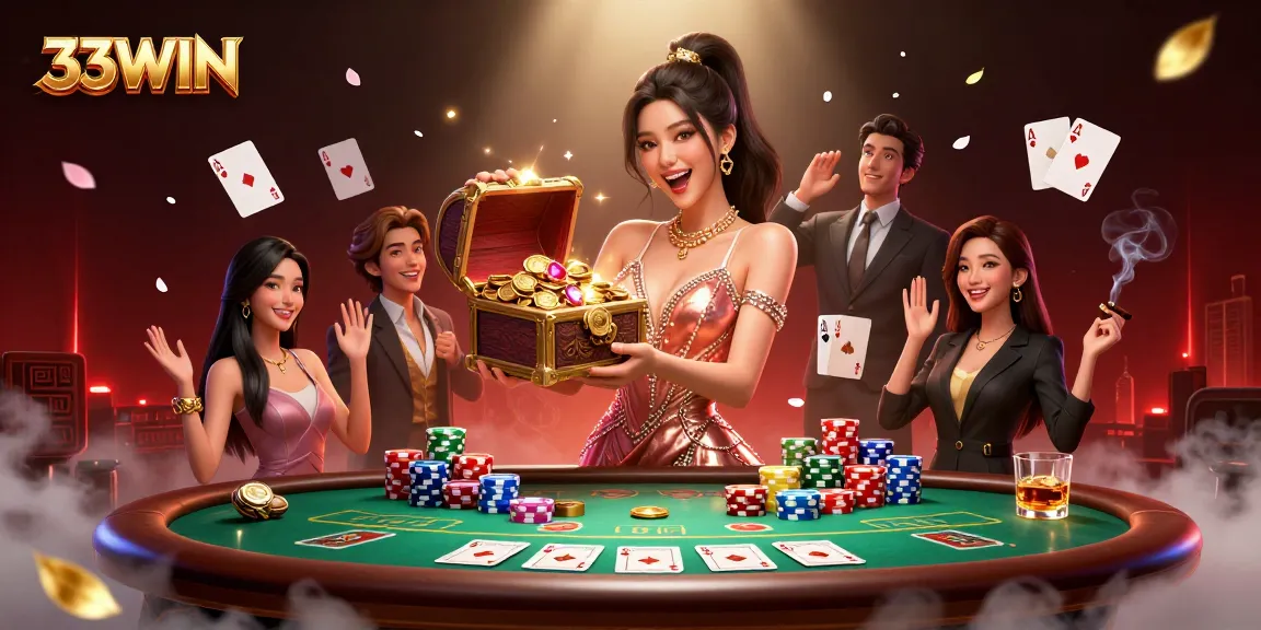 Engage in thrilling action at 33WIN's vibrant casino scene featuring treasure chests and poker elements.