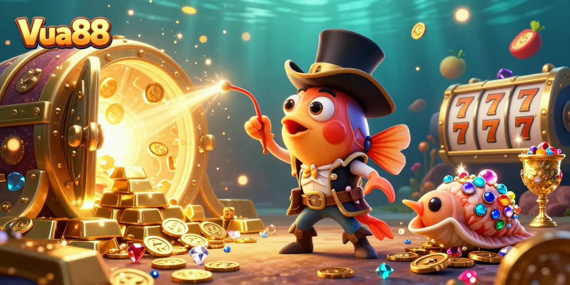 Engage with thrilling games at Vua88 as cartoon characters attract treasures in a vibrant casino scene.