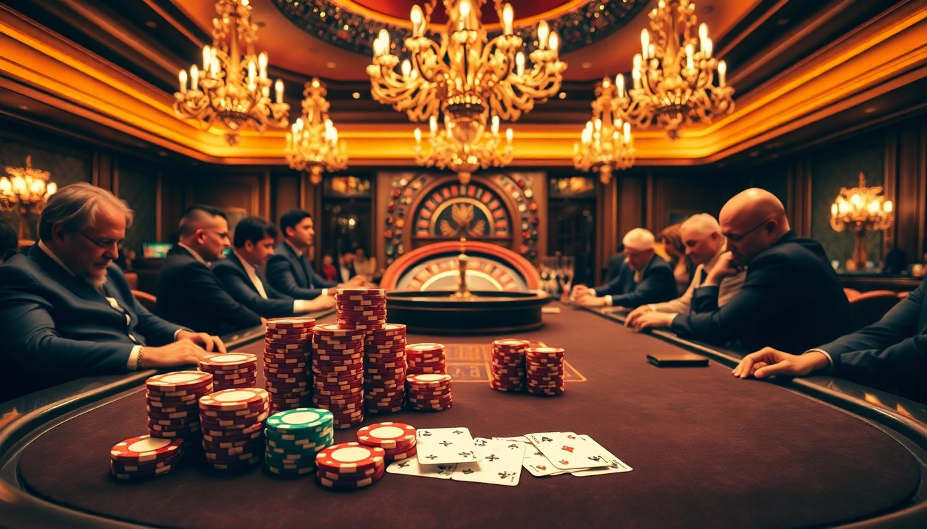 A thrilling casino scene showcasing players at a poker table, representing the excitement of gambling at alo789.