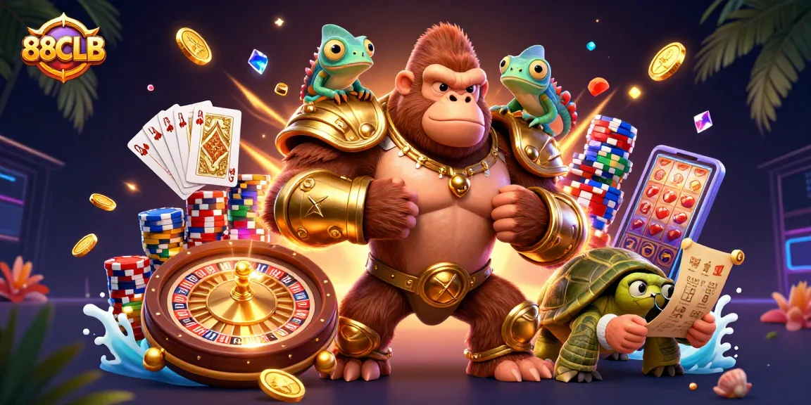 Experience the excitement at 88CLB with a thrilling casino scene featuring a powerful gorilla king and dazzling games.